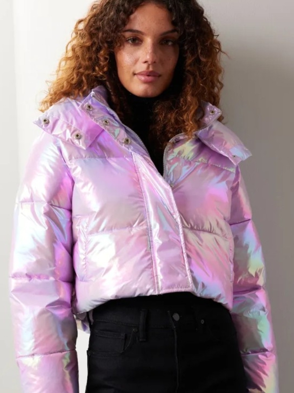 Unreal Fur Iridescent Pink Cropped Puffer Jacket